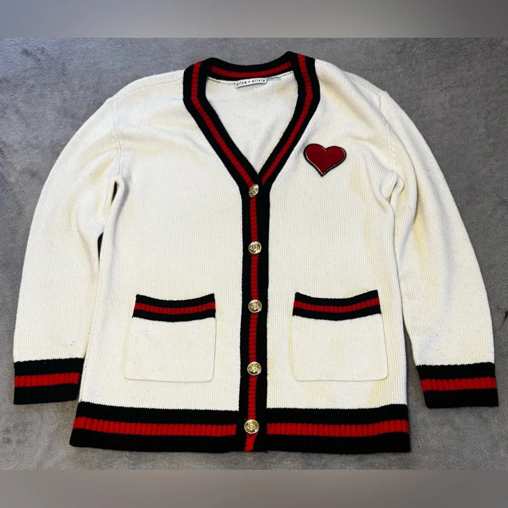 Alice + Olivia Bradford Stretch-Wool Cardigan Ecru Long Sleeve Women Small - Picture 2 of 8